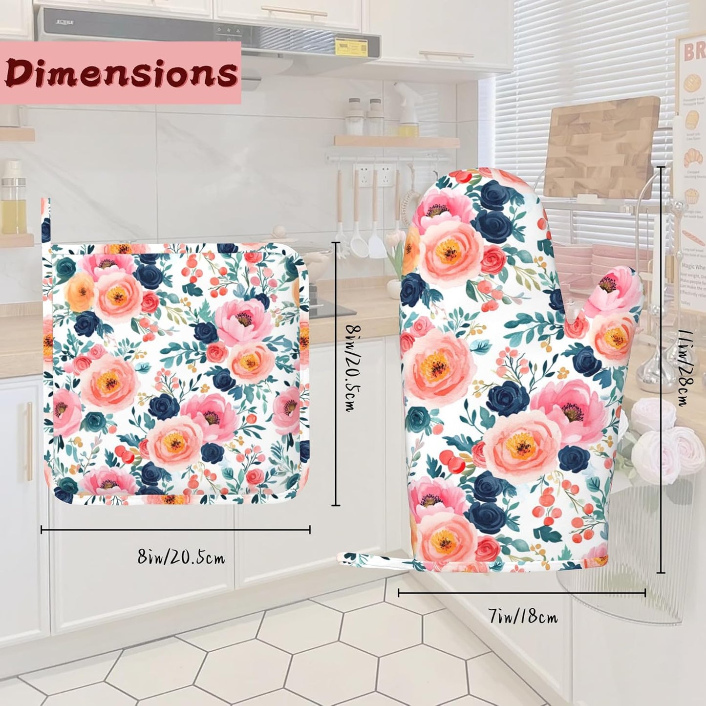 Pink Flowers Heat-Resistant Silicone Oven Mitts and Pot Holders,Long Oven Gloves with Non-Slip Grip for Cooking, Baking, Grilling,BBQ