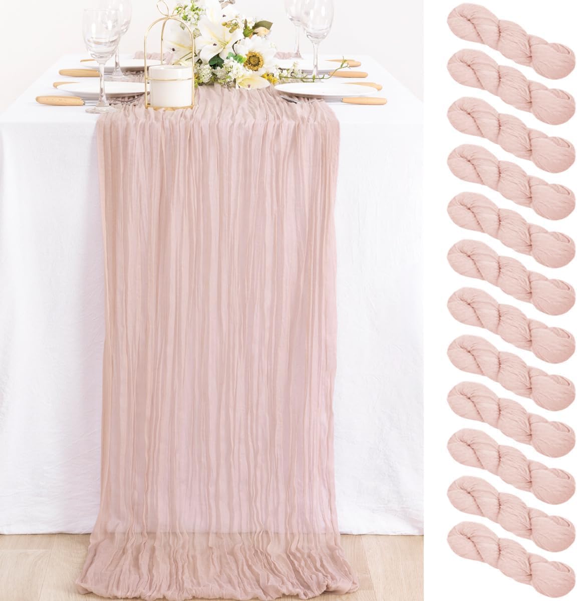 12 Pack Pink Table Runner 10ft Rustic Gauze Cheesecloth Table Decor