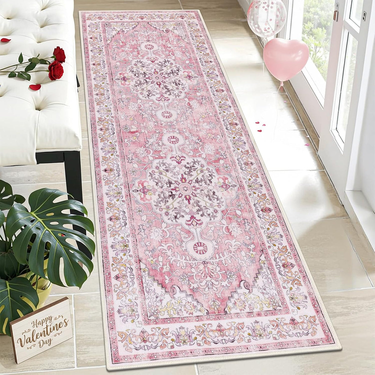 2' x 6' Boho Hallway Runner Rug, Washable Carpet, Pink