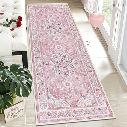 2' x 6' Boho Hallway Runner Rug, Washable Carpet, Pink