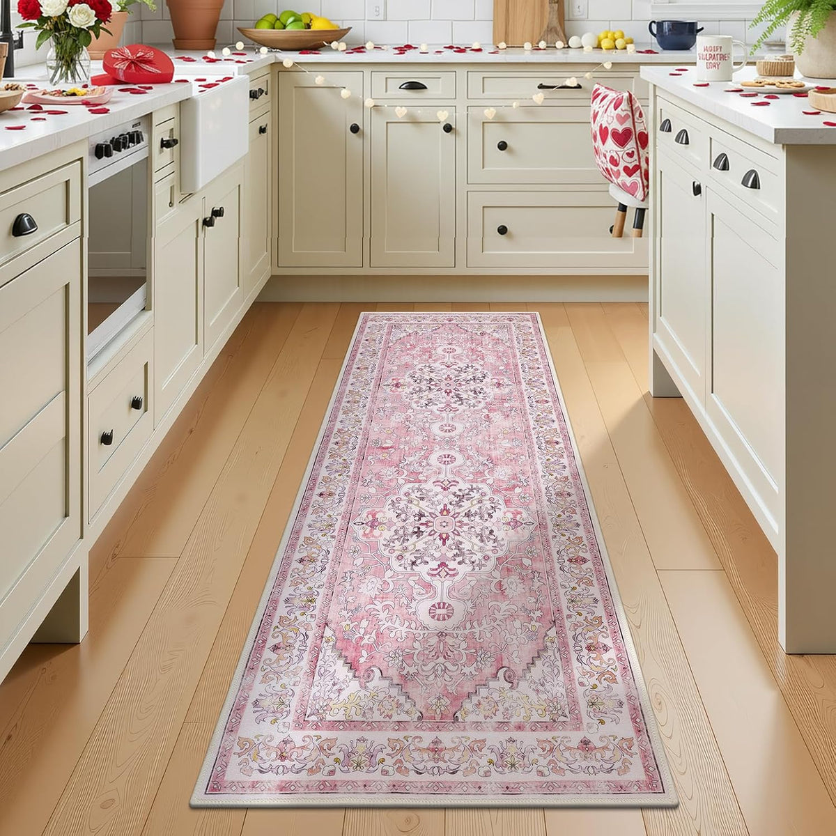 2' x 6' Boho Hallway Runner Rug, Washable Carpet, Pink