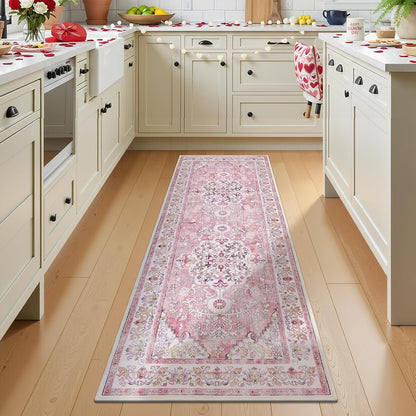 2' x 6' Boho Hallway Runner Rug, Washable Carpet, Pink