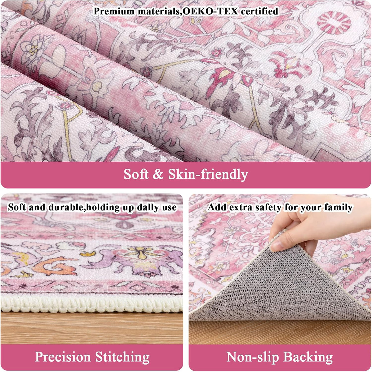 2' x 6' Boho Hallway Runner Rug, Washable Carpet, Pink