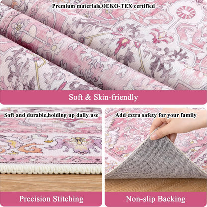 2' x 6' Boho Hallway Runner Rug, Washable Carpet, Pink