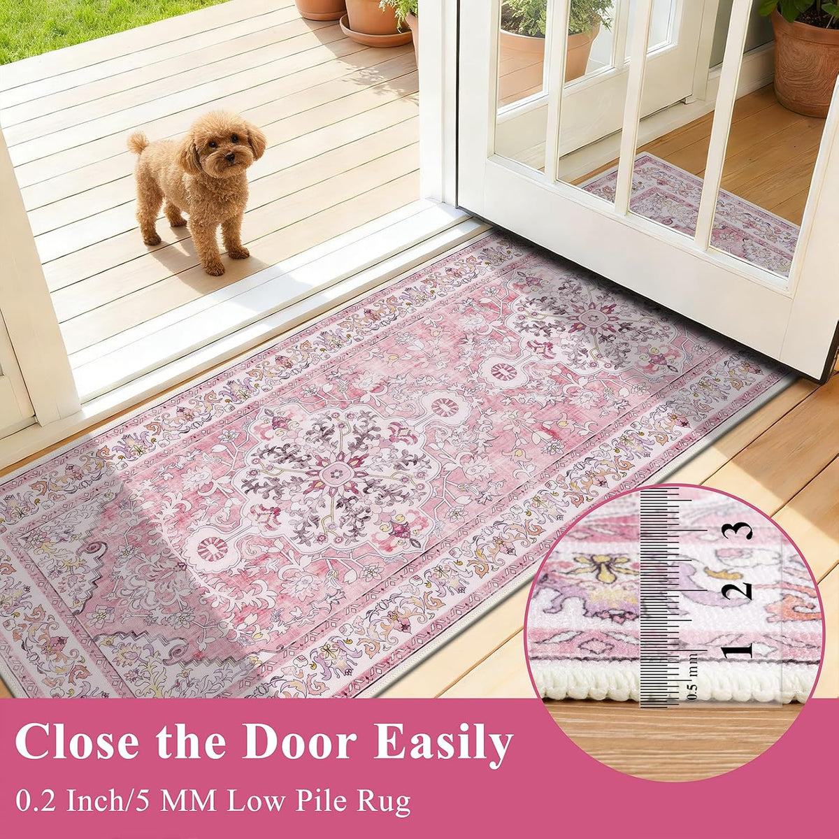 2' x 6' Boho Hallway Runner Rug, Washable Carpet, Pink