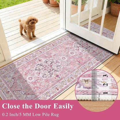 2' x 6' Boho Hallway Runner Rug, Washable Carpet, Pink