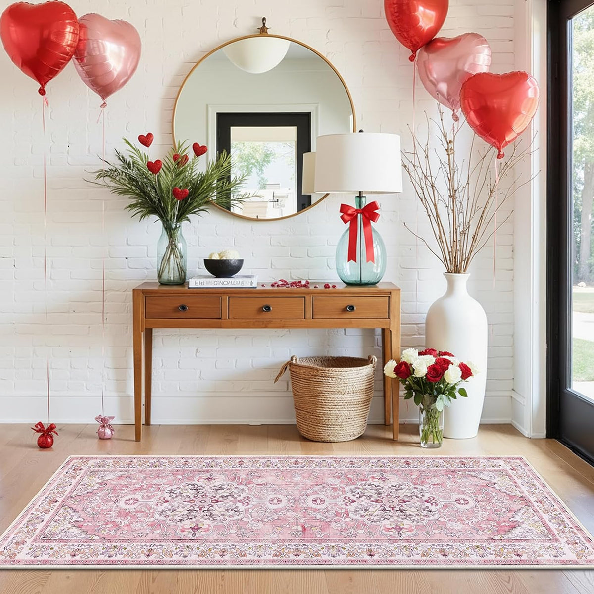 2' x 6' Boho Hallway Runner Rug, Washable Carpet, Pink