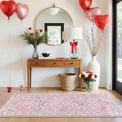 2' x 6' Boho Hallway Runner Rug, Washable Carpet, Pink