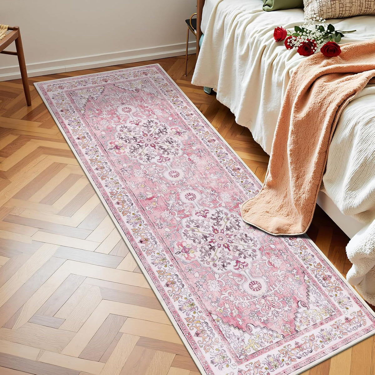 2' x 6' Boho Hallway Runner Rug, Washable Carpet, Pink