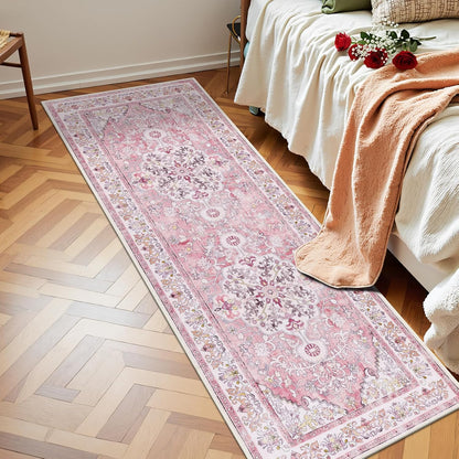 2' x 6' Boho Hallway Runner Rug, Washable Carpet, Pink
