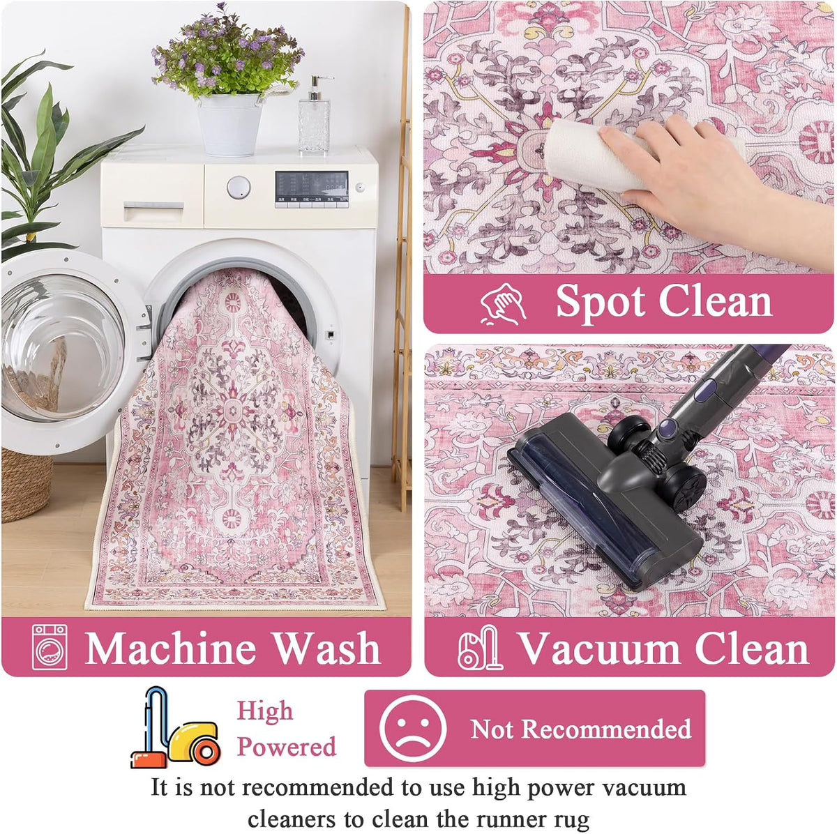 2' x 6' Boho Hallway Runner Rug, Washable Carpet, Pink