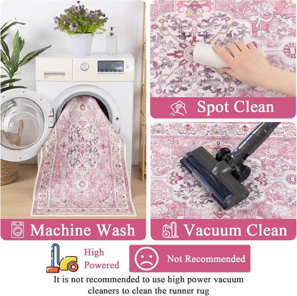 2' x 6' Boho Hallway Runner Rug, Washable Carpet, Pink