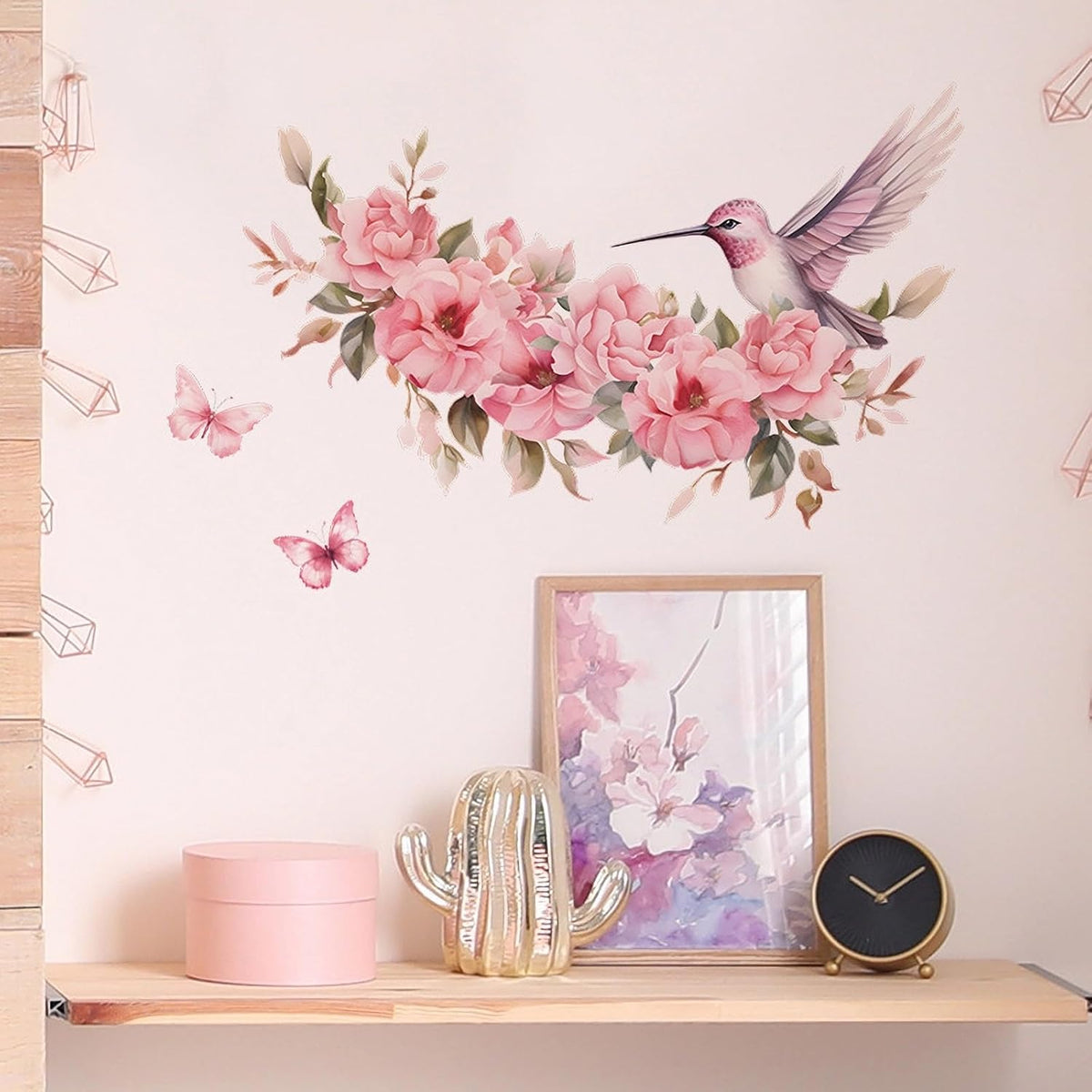 Pink Hummingbird Butterflies Wall Stickers Floral Art Wall Decals