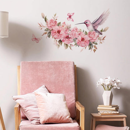 Pink Hummingbird Butterflies Wall Stickers Floral Art Wall Decals