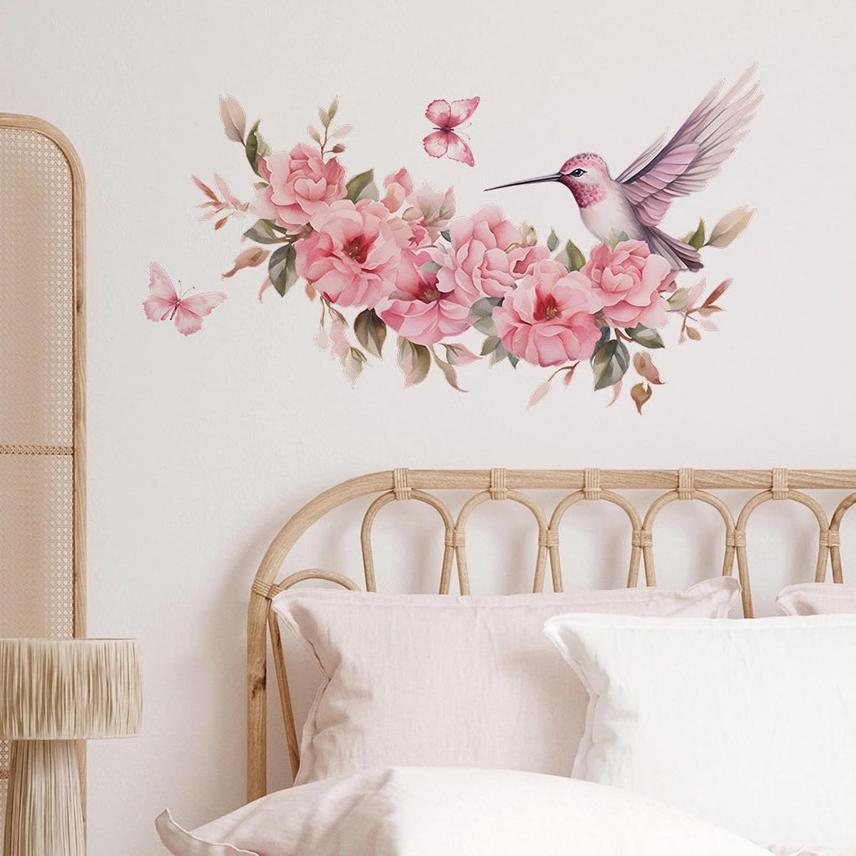 Pink Hummingbird Butterflies Wall Stickers Floral Art Wall Decals