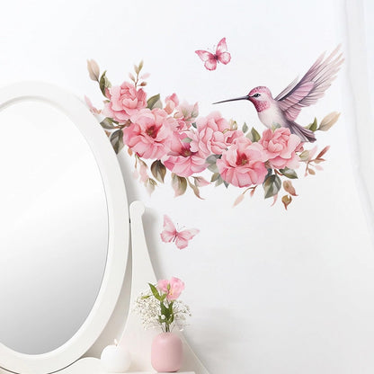 Pink Hummingbird Butterflies Wall Stickers Floral Art Wall Decals