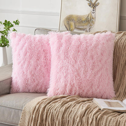 Plush Decorative Throw Pillow Covers Pink 16x16 Inch Pack of 2