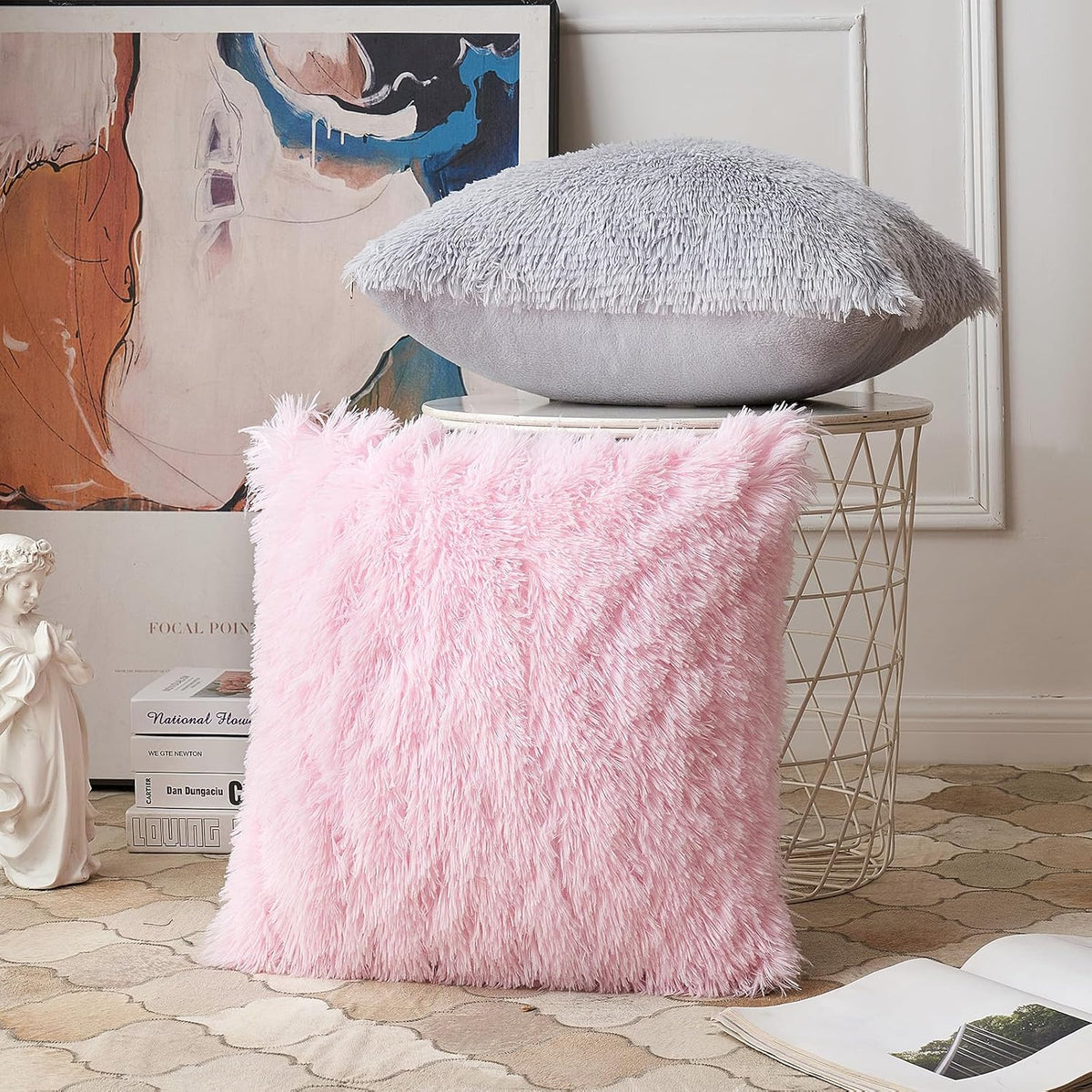 Plush Decorative Throw Pillow Covers Pink 16x16 Inch Pack of 2