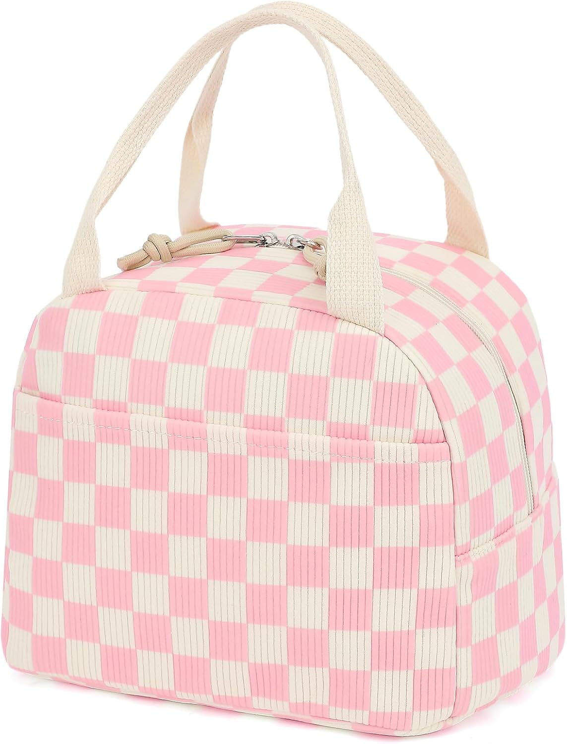 Corduroy Lunch Box for Women Girls, Lunch Tote Bags Reusable Insulated Cooler Lunchbag Large Capacity Lunchbox for School Work Travel Picnic (Checkered Pink)