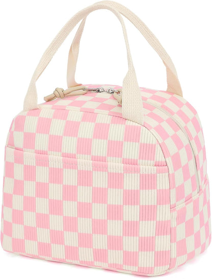 Corduroy Lunch Box for Women Girls, Lunch Tote Bags Reusable Insulated Cooler Lunchbag Large Capacity Lunchbox for School Work Travel Picnic (Checkered Pink)
