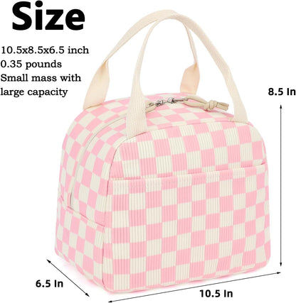 Corduroy Lunch Box for Women Girls, Lunch Tote Bags Reusable Insulated Cooler Lunchbag Large Capacity Lunchbox for School Work Travel Picnic (Checkered Pink)