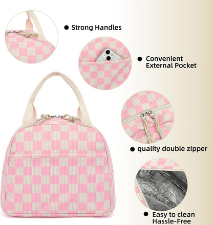 Corduroy Lunch Box for Women Girls, Lunch Tote Bags Reusable Insulated Cooler Lunchbag Large Capacity Lunchbox for School Work Travel Picnic (Checkered Pink)