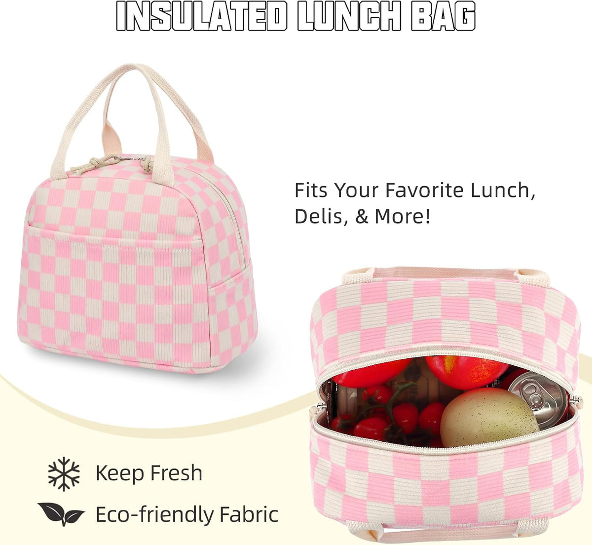 Corduroy Lunch Box for Women Girls, Lunch Tote Bags Reusable Insulated Cooler Lunchbag Large Capacity Lunchbox for School Work Travel Picnic (Checkered Pink)
