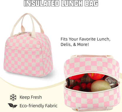Corduroy Lunch Box for Women Girls, Lunch Tote Bags Reusable Insulated Cooler Lunchbag Large Capacity Lunchbox for School Work Travel Picnic (Checkered Pink)