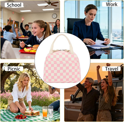 Corduroy Lunch Box for Women Girls, Lunch Tote Bags Reusable Insulated Cooler Lunchbag Large Capacity Lunchbox for School Work Travel Picnic (Checkered Pink)