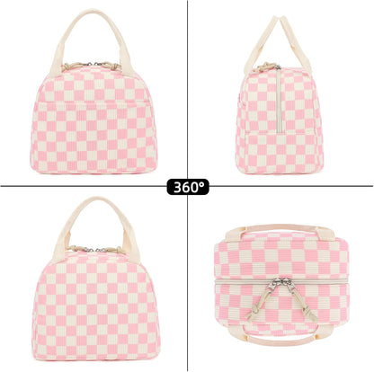 Corduroy Lunch Box for Women Girls, Lunch Tote Bags Reusable Insulated Cooler Lunchbag Large Capacity Lunchbox for School Work Travel Picnic (Checkered Pink)