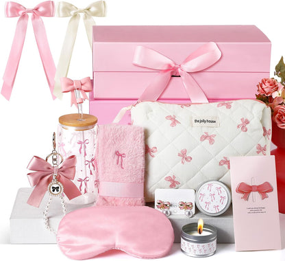 Pink Bow Gift Baskets for Teen Girls, Women Trendy Stuff Coquette Bow Teen Girl Birthday Self Care Box Gift for Her, Sister Friend Women Sweet 16th 18th 21st Box