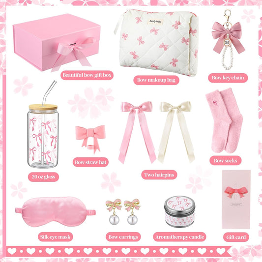 Pink Bow Gift Baskets for Teen Girls, Women Trendy Stuff Coquette Bow Teen Girl Birthday Self Care Box Gift for Her, Sister Friend Women Sweet 16th 18th 21st Box