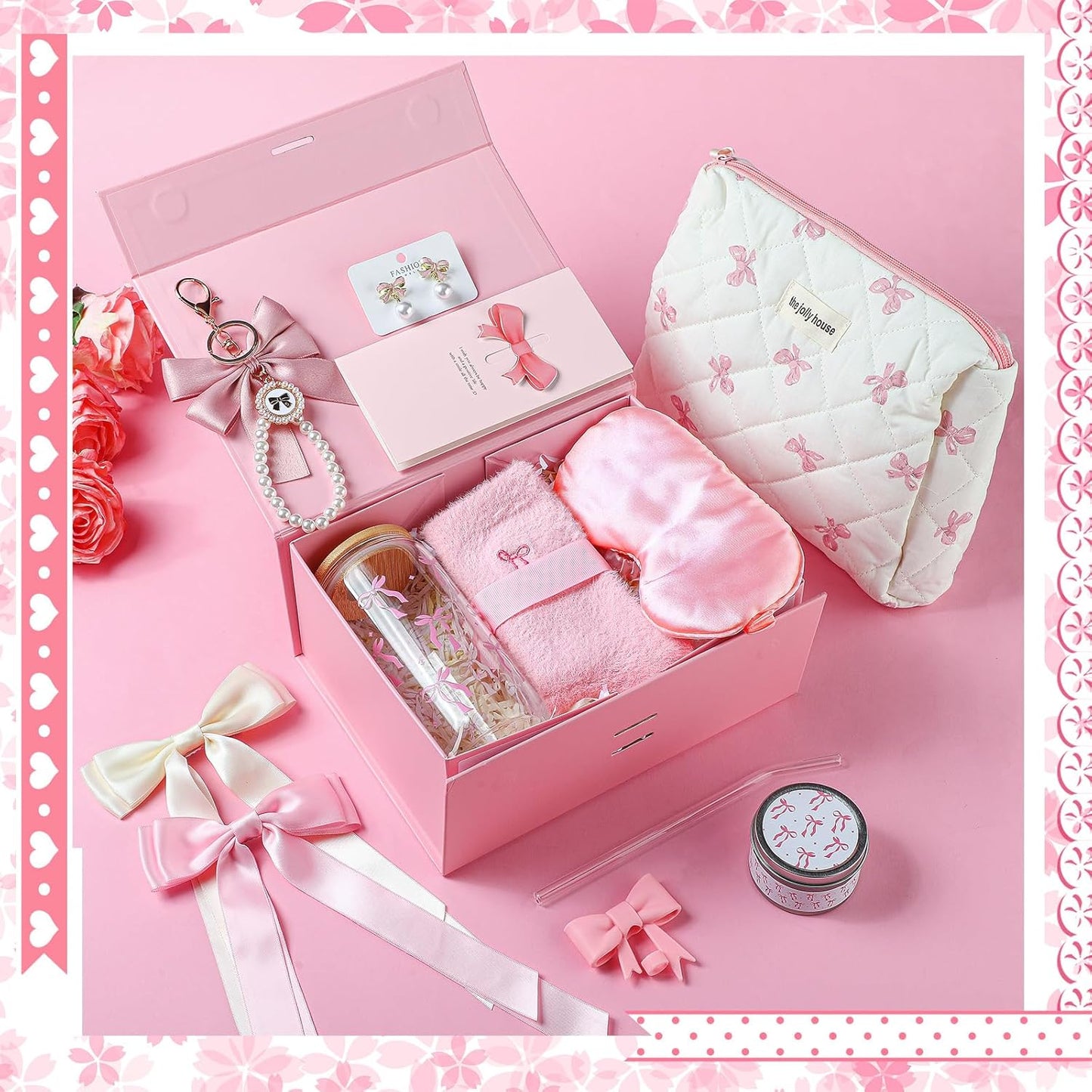 Pink Bow Gift Baskets for Teen Girls, Women Trendy Stuff Coquette Bow Teen Girl Birthday Self Care Box Gift for Her, Sister Friend Women Sweet 16th 18th 21st Box