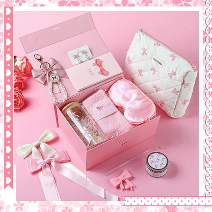 Pink Bow Gift Baskets for Teen Girls, Women Trendy Stuff Coquette Bow Teen Girl Birthday Self Care Box Gift for Her, Sister Friend Women Sweet 16th 18th 21st Box