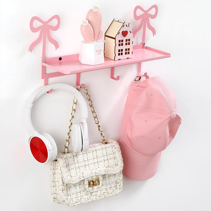 Wall Hooks with Shelf Pink Bow Key Holder Metal Coat Clothes Rack Wall-Mounted Entryway Hanging Shelves with 5 Metal Hooks Cute Coquettish Room Wall Decor for Nursery Room Bedroom Kitchen