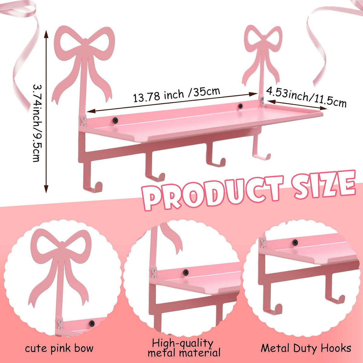 Wall Hooks with Shelf Pink Bow Key Holder Metal Coat Clothes Rack Wall-Mounted Entryway Hanging Shelves with 5 Metal Hooks Cute Coquettish Room Wall Decor for Nursery Room Bedroom Kitchen