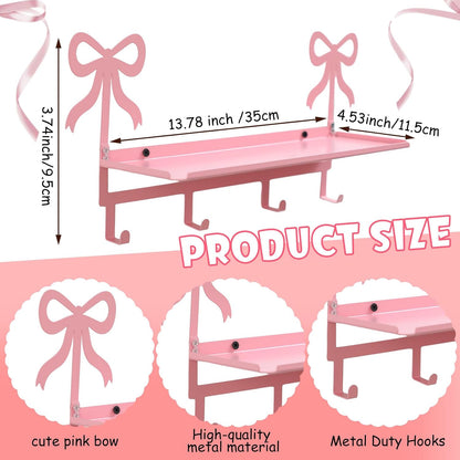 Wall Hooks with Shelf Pink Bow Key Holder Metal Coat Clothes Rack Wall-Mounted Entryway Hanging Shelves with 5 Metal Hooks Cute Coquettish Room Wall Decor for Nursery Room Bedroom Kitchen