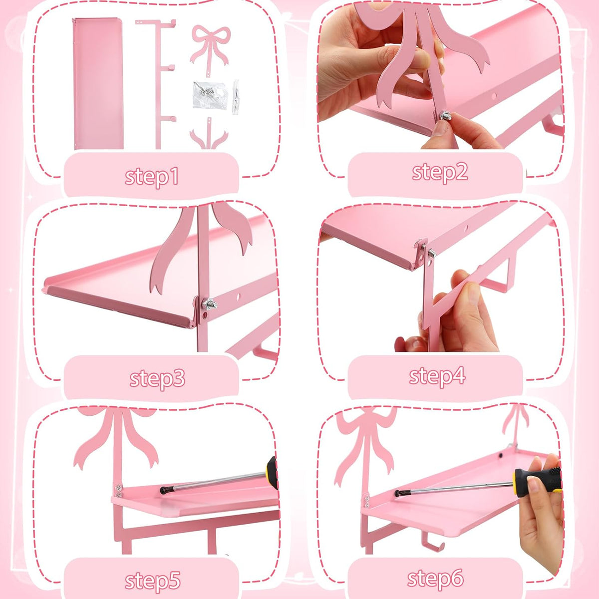 Wall Hooks with Shelf Pink Bow Key Holder Metal Coat Clothes Rack Wall-Mounted Entryway Hanging Shelves with 5 Metal Hooks Cute Coquettish Room Wall Decor for Nursery Room Bedroom Kitchen