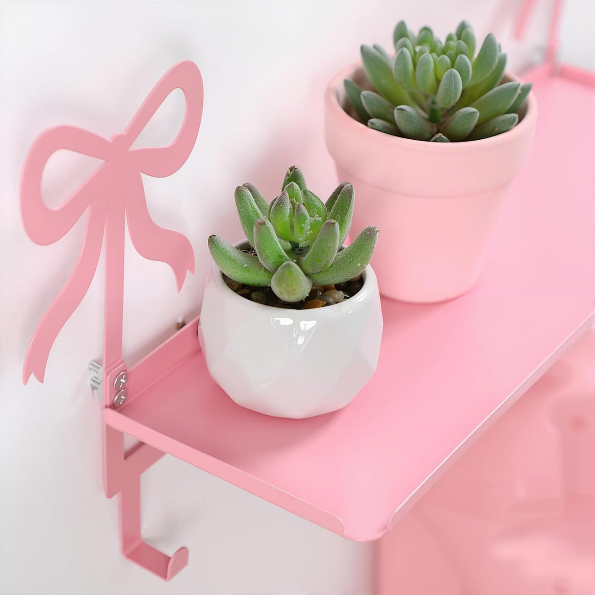 Wall Hooks with Shelf Pink Bow Key Holder Metal Coat Clothes Rack Wall-Mounted Entryway Hanging Shelves with 5 Metal Hooks Cute Coquettish Room Wall Decor for Nursery Room Bedroom Kitchen