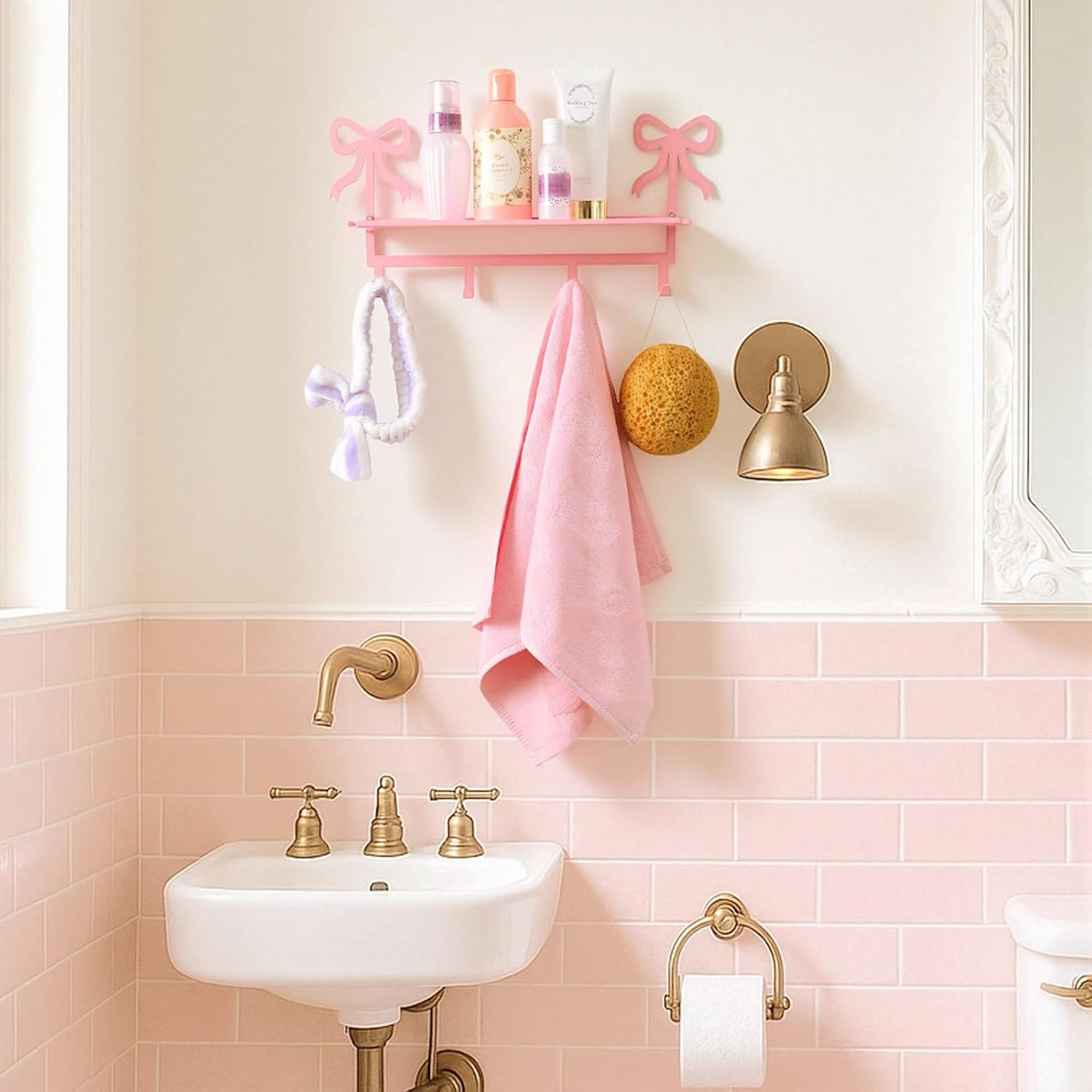 Wall Hooks with Shelf Pink Bow Key Holder Metal Coat Clothes Rack Wall-Mounted Entryway Hanging Shelves with 5 Metal Hooks Cute Coquettish Room Wall Decor for Nursery Room Bedroom Kitchen