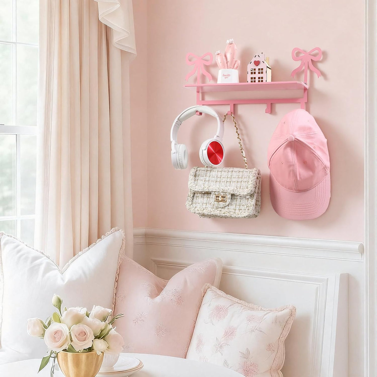 Wall Hooks with Shelf Pink Bow Key Holder Metal Coat Clothes Rack Wall-Mounted Entryway Hanging Shelves with 5 Metal Hooks Cute Coquettish Room Wall Decor for Nursery Room Bedroom Kitchen
