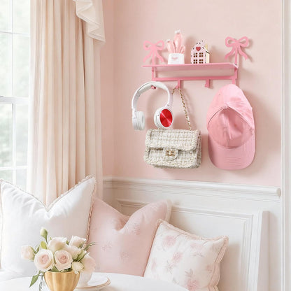 Wall Hooks with Shelf Pink Bow Key Holder Metal Coat Clothes Rack Wall-Mounted Entryway Hanging Shelves with 5 Metal Hooks Cute Coquettish Room Wall Decor for Nursery Room Bedroom Kitchen
