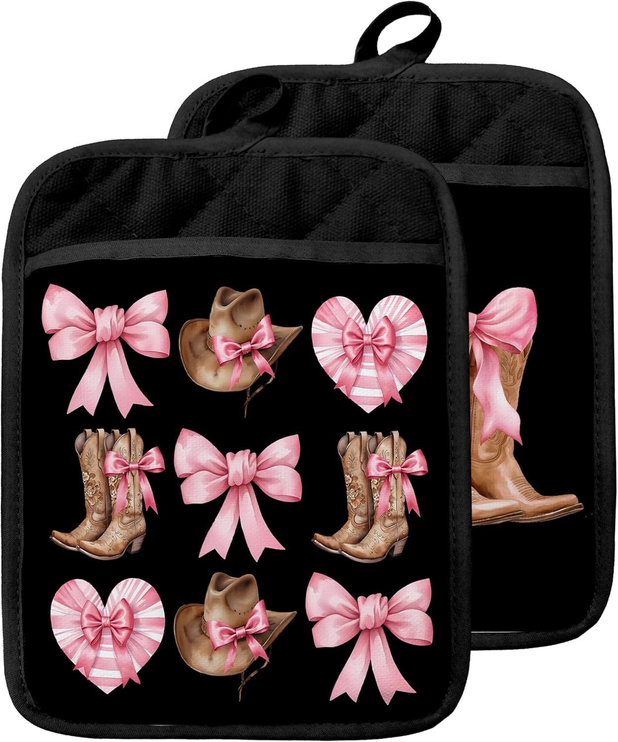Coquette Pink Bow Western Pot Holders with Pockets, Cowgirl Gifts, Preppy Country Cowgirl Boots Western Oven Pot Holders Heat Resistant Oven Mitts Hot Pads for Kitchen Baking Cooking