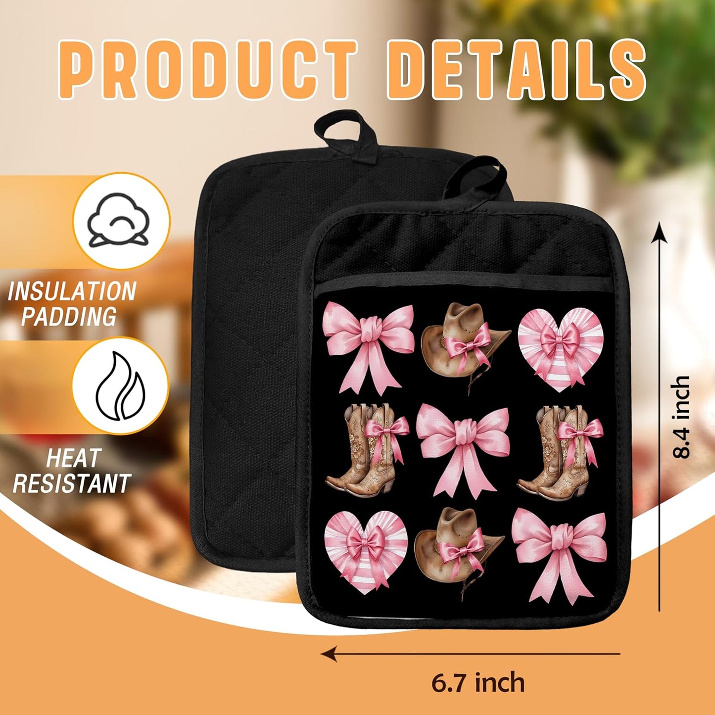 Coquette Pink Bow Western Pot Holders with Pockets, Cowgirl Gifts, Preppy Country Cowgirl Boots Western Oven Pot Holders Heat Resistant Oven Mitts Hot Pads for Kitchen Baking Cooking