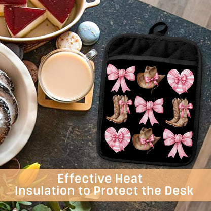 Coquette Pink Bow Western Pot Holders with Pockets, Cowgirl Gifts, Preppy Country Cowgirl Boots Western Oven Pot Holders Heat Resistant Oven Mitts Hot Pads for Kitchen Baking Cooking