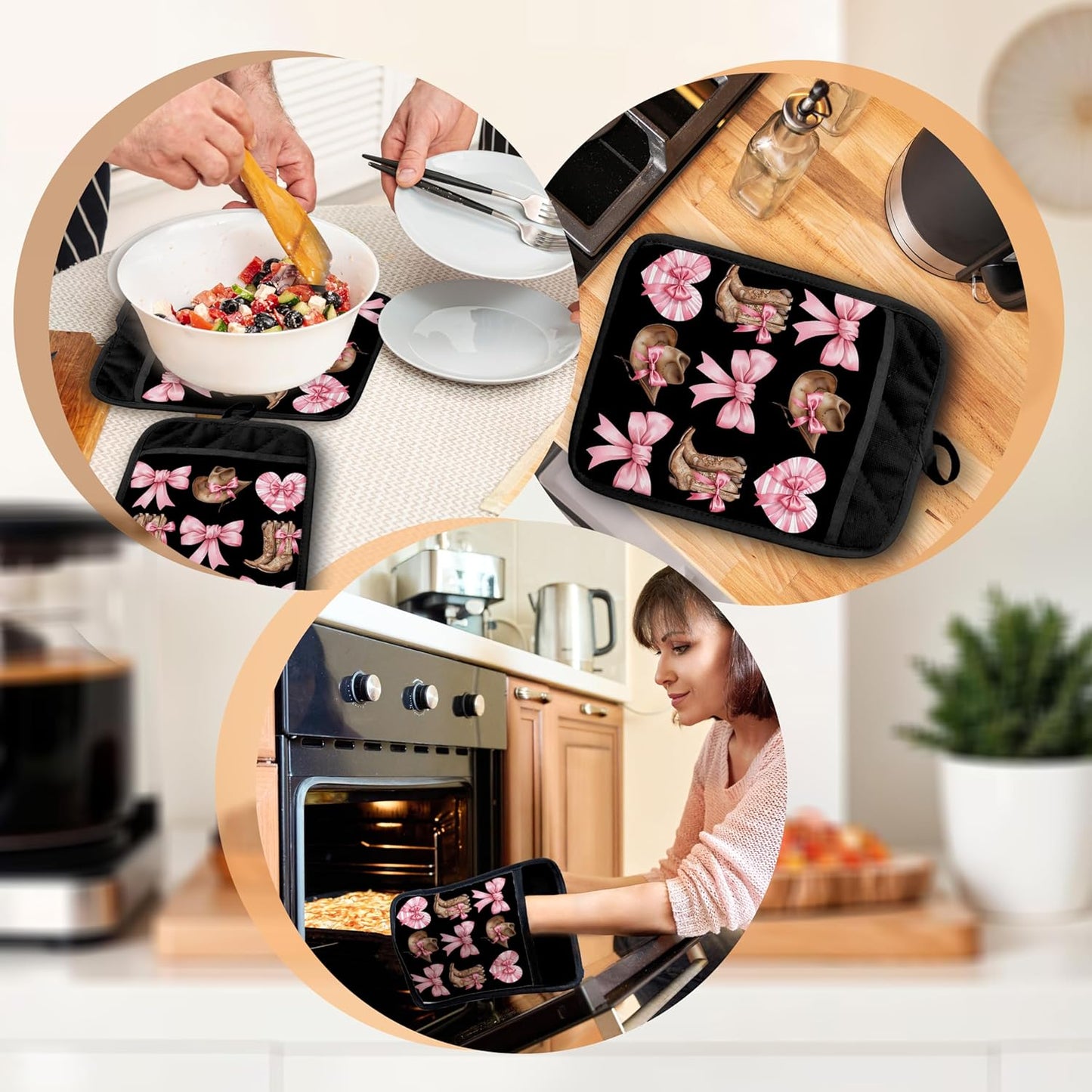 Coquette Pink Bow Western Pot Holders with Pockets, Cowgirl Gifts, Preppy Country Cowgirl Boots Western Oven Pot Holders Heat Resistant Oven Mitts Hot Pads for Kitchen Baking Cooking