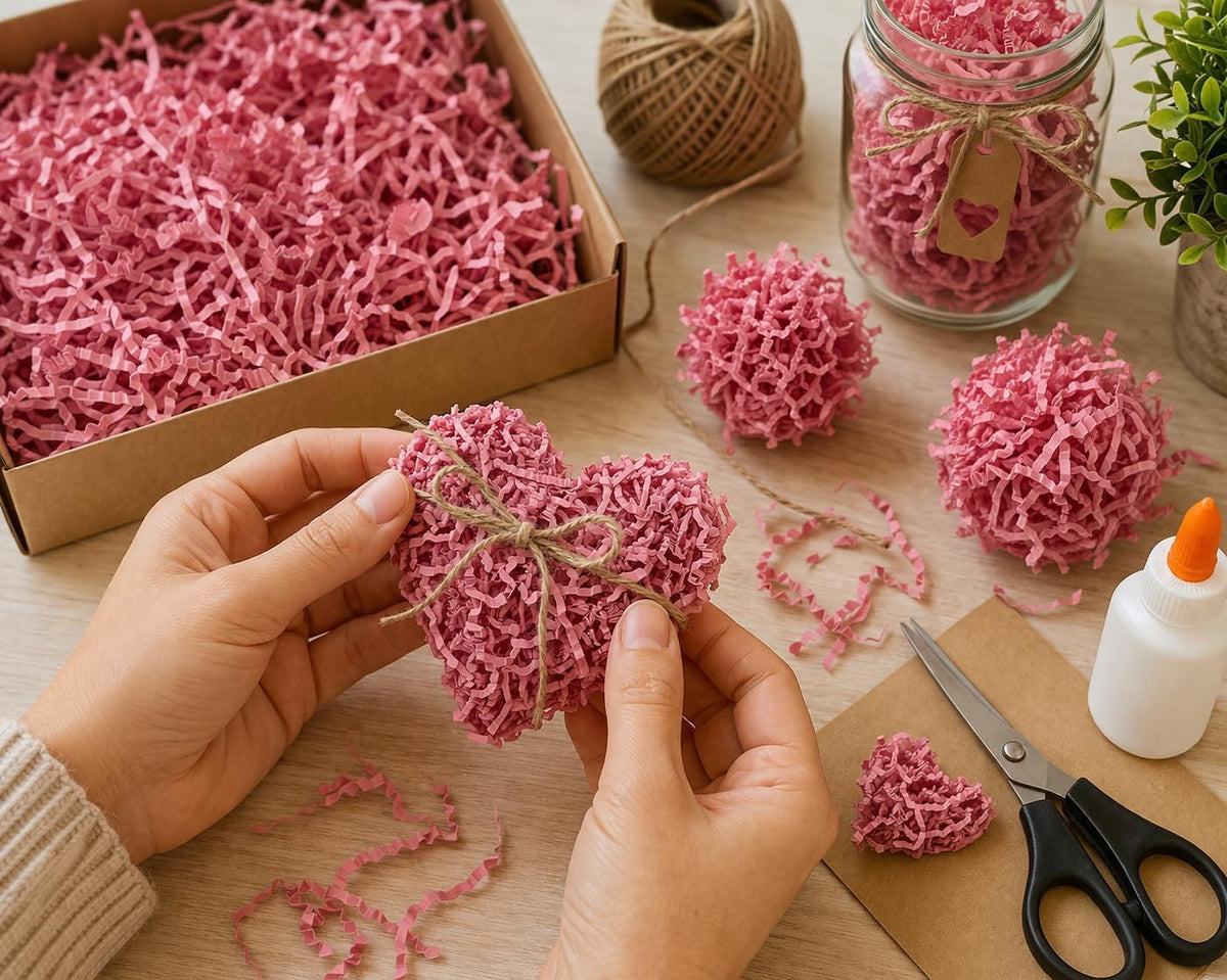 2 LB Pink Crinkle Cut Paper Shred Filler, Decorative Packing Paper for Gift Boxes, Basket Filling, Shipping Protection & Party Packaging Supplies