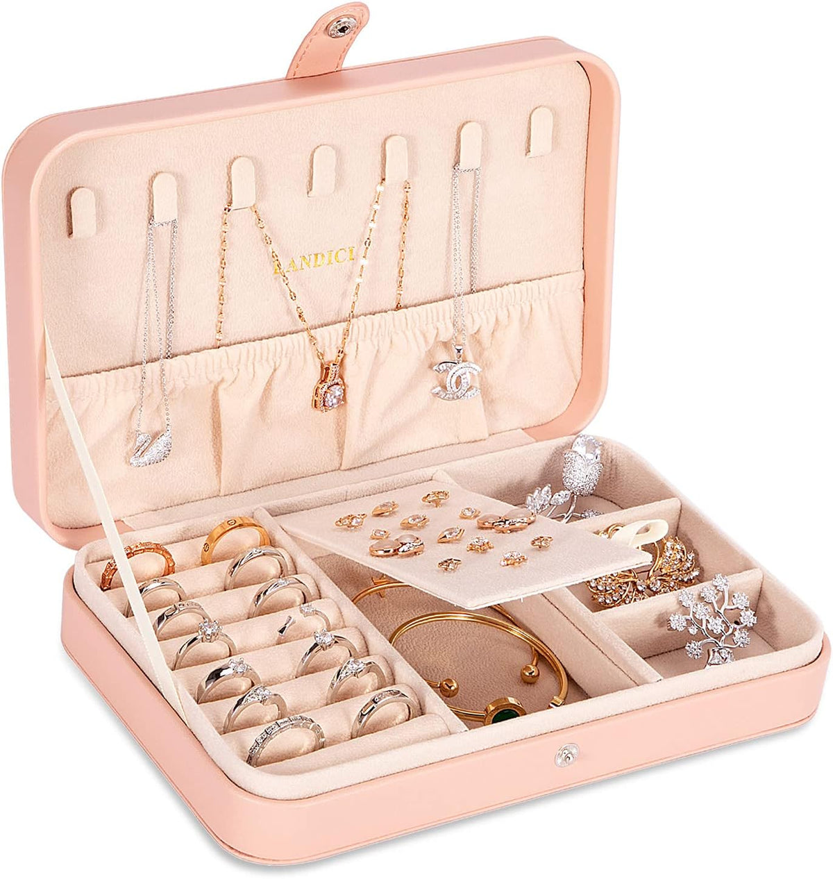 Small Jewelry Box for Women Girls, PU Leather Travel Jewelry Case, Portable Jewelry Organizer Storage Holder Display for Ring Earrings Necklace Bracelet Bangle Men Kids Gift, Pink