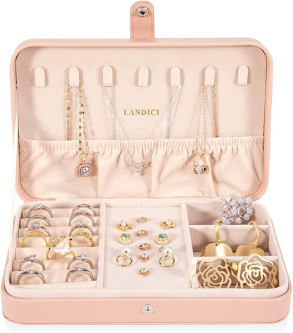 Small Jewelry Box for Women Girls, PU Leather Travel Jewelry Case, Portable Jewelry Organizer Storage Holder Display for Ring Earrings Necklace Bracelet Bangle Men Kids Gift, Pink