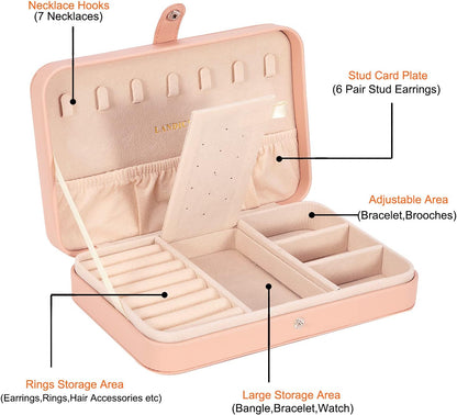 Small Jewelry Box for Women Girls, PU Leather Travel Jewelry Case, Portable Jewelry Organizer Storage Holder Display for Ring Earrings Necklace Bracelet Bangle Men Kids Gift, Pink